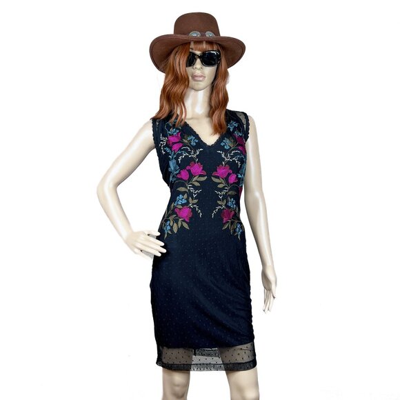Guess Embroidered Lace Black Pink Teal Olive Floral Bodycon V-Neck Dress Size L - Picture 2 of 10